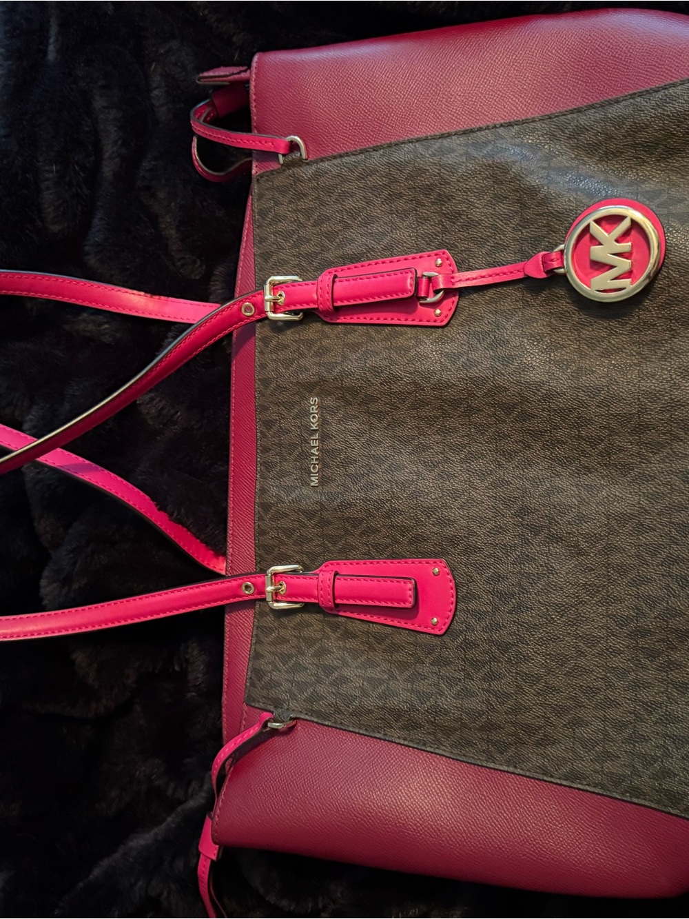 Michael Kors Brown Signature Tote with Hot Pink Trim